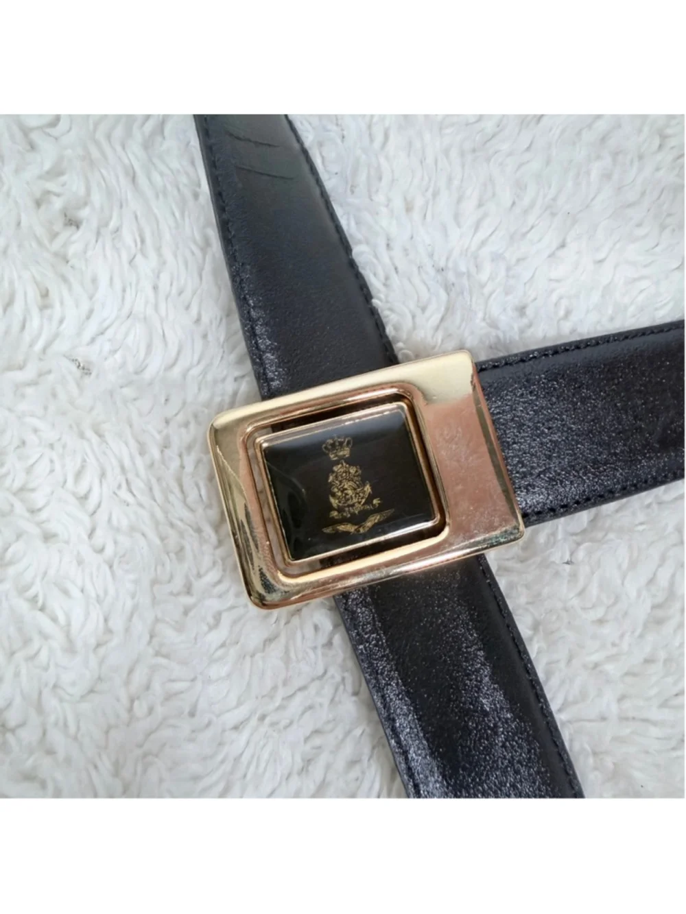 Sporrong Sweden Black Leather Dress Belt Swedish Crown Crest Buckle Size 38-40